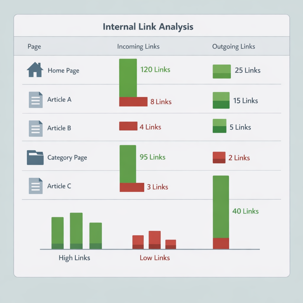 Example internal link count report showing uneven distribution across website pages